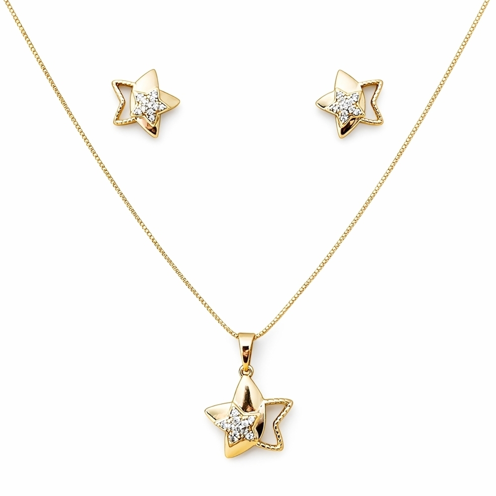Gold Plated Star Jewelry Set 16” Necklace & Earrings Dainty Crystal Pendant Set
